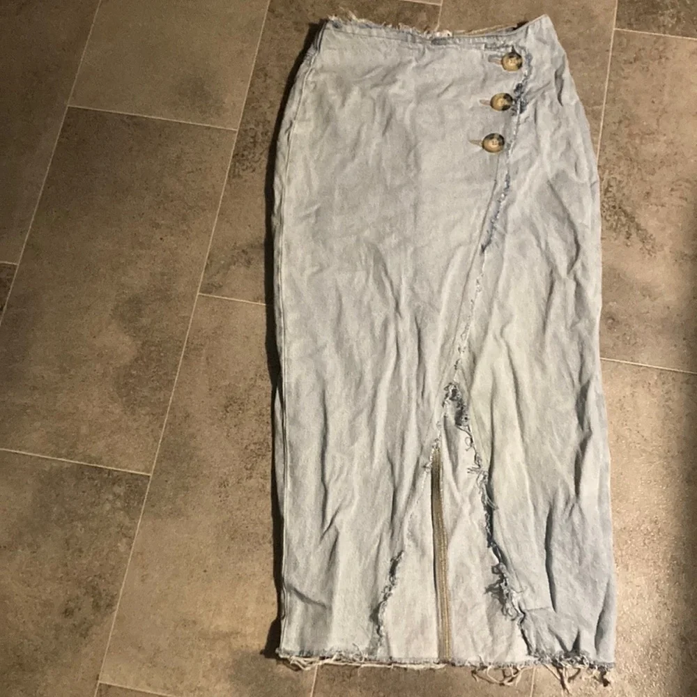 Zara Blue Maxi Pencil Skirt with Ruched Slit jeans skirt